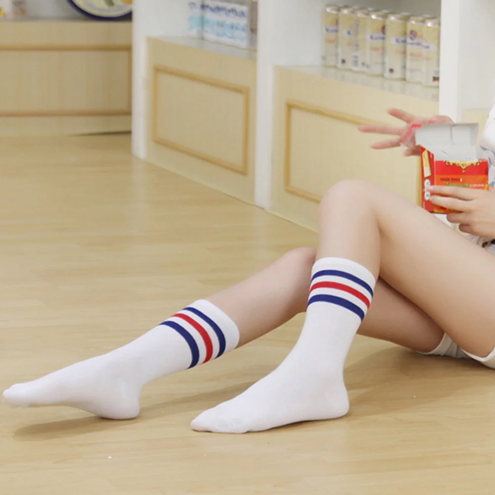 جوارب طويلة للركبة من القطن قابلة للتنفس للرجال مع 3 جوارب طويلة مرنة باللون الأزرق غير قابلة للتقوية طوال اليوم باللون الأبيض