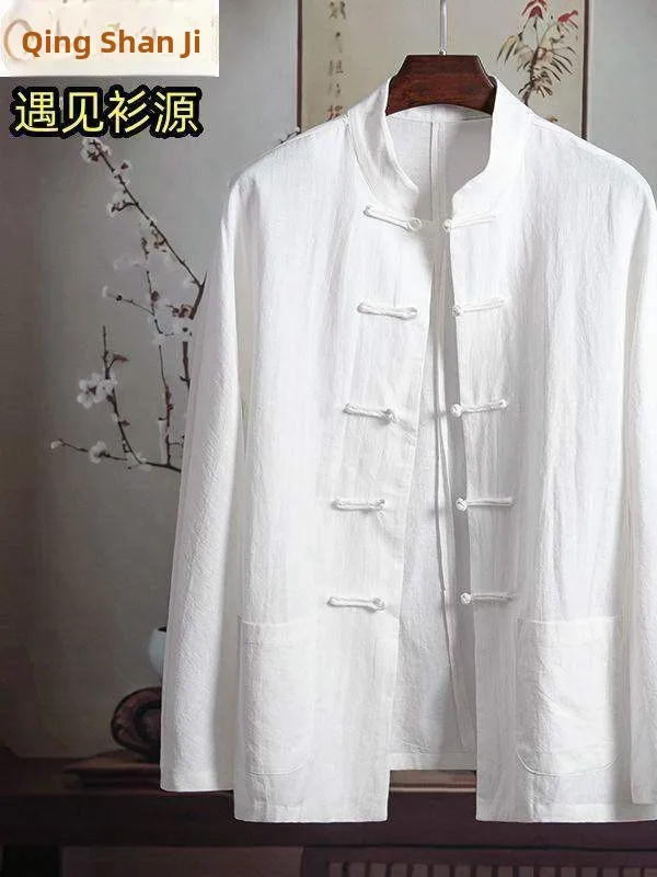 

Мужская хлопково-льняная рубашка свободного кроя с длинным рукавом в китайском стиле, тонкая, многослойная, в стиле середины века, для путешествий, летний сезон