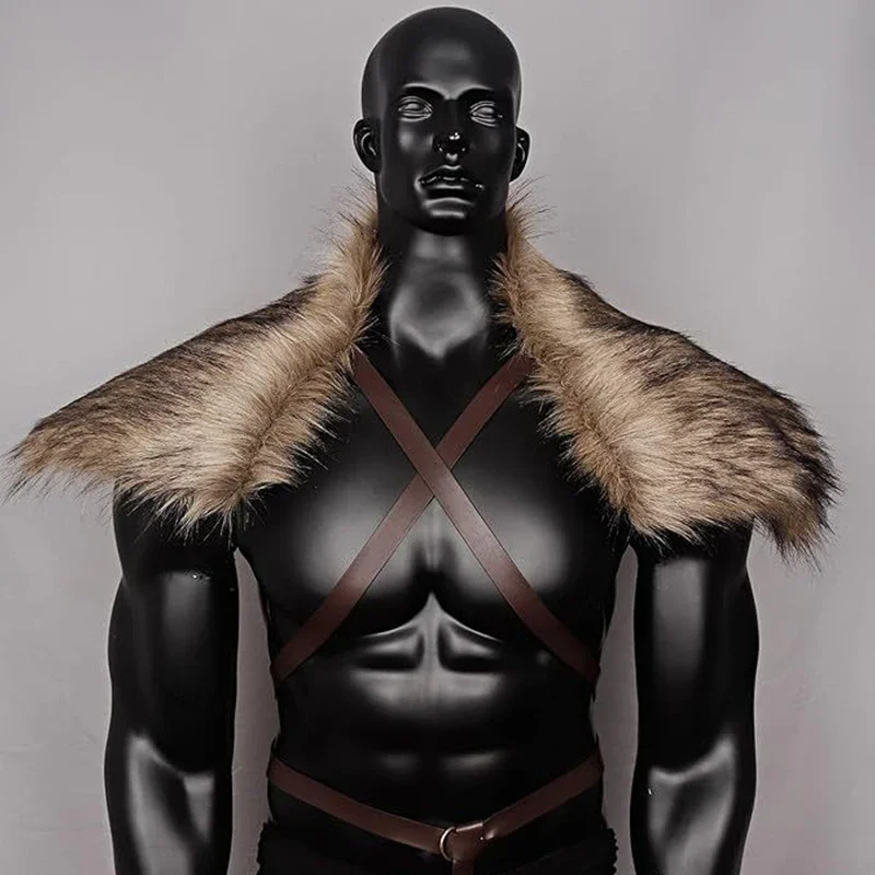 Capa Medieval con cuello de piel sintética para hombre, capa para hombro con correa para el pecho, ropa de invierno, capa de guerrero vikingo Retro, Cosplay de Halloween