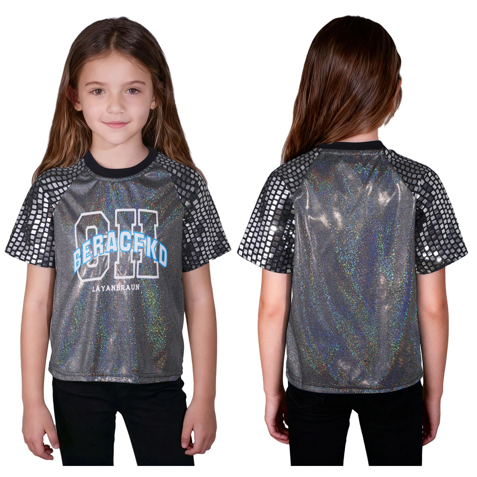 Costumes de danse Jazz Hip Hop unisexes pour enfants, vêtements de danse de spectacle pour filles et garçons, paillettes à carreaux brillants, manches courtes, haut métallique