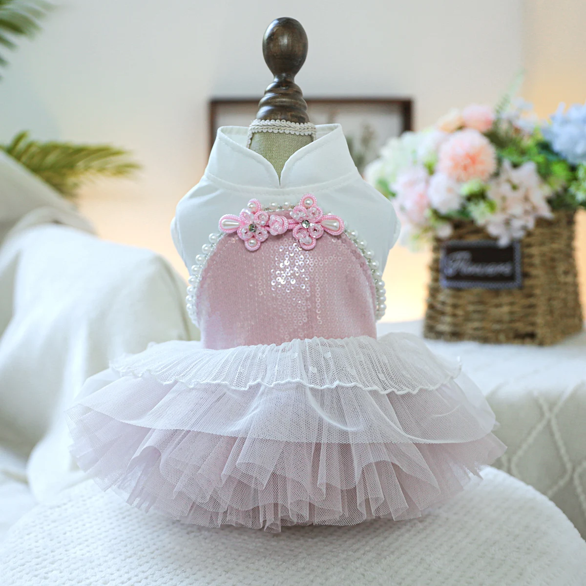 1PC Pet Clothing Spring and Autumn Pink Blossoming Buckle Wedding Dress Princess Dress Suitable for Small and Medium sized Dogs