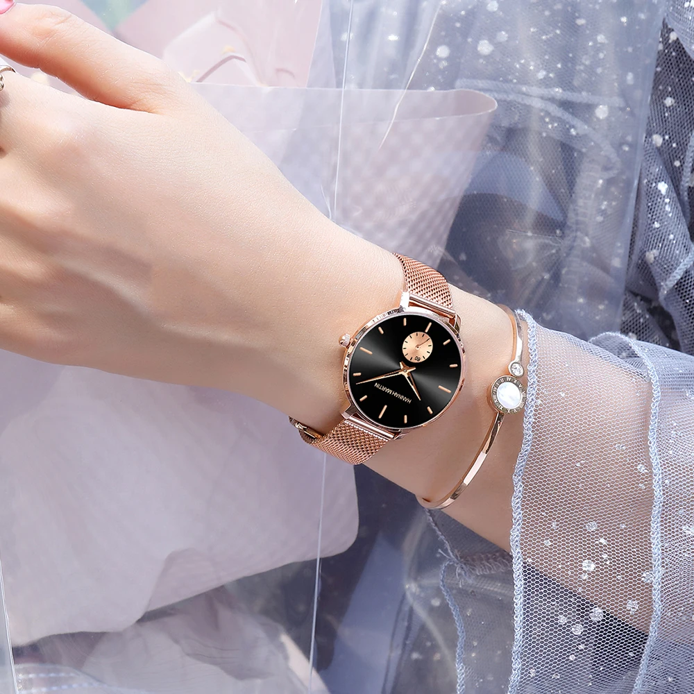 هانا مارتن ماركة ساعة نسائية ارتفع الذهب الهاتفي 33 مللي متر شبكة من الاستانلس استيل حزام موضة عادية دروبشيبينغ كوارتز ساعات نسائية