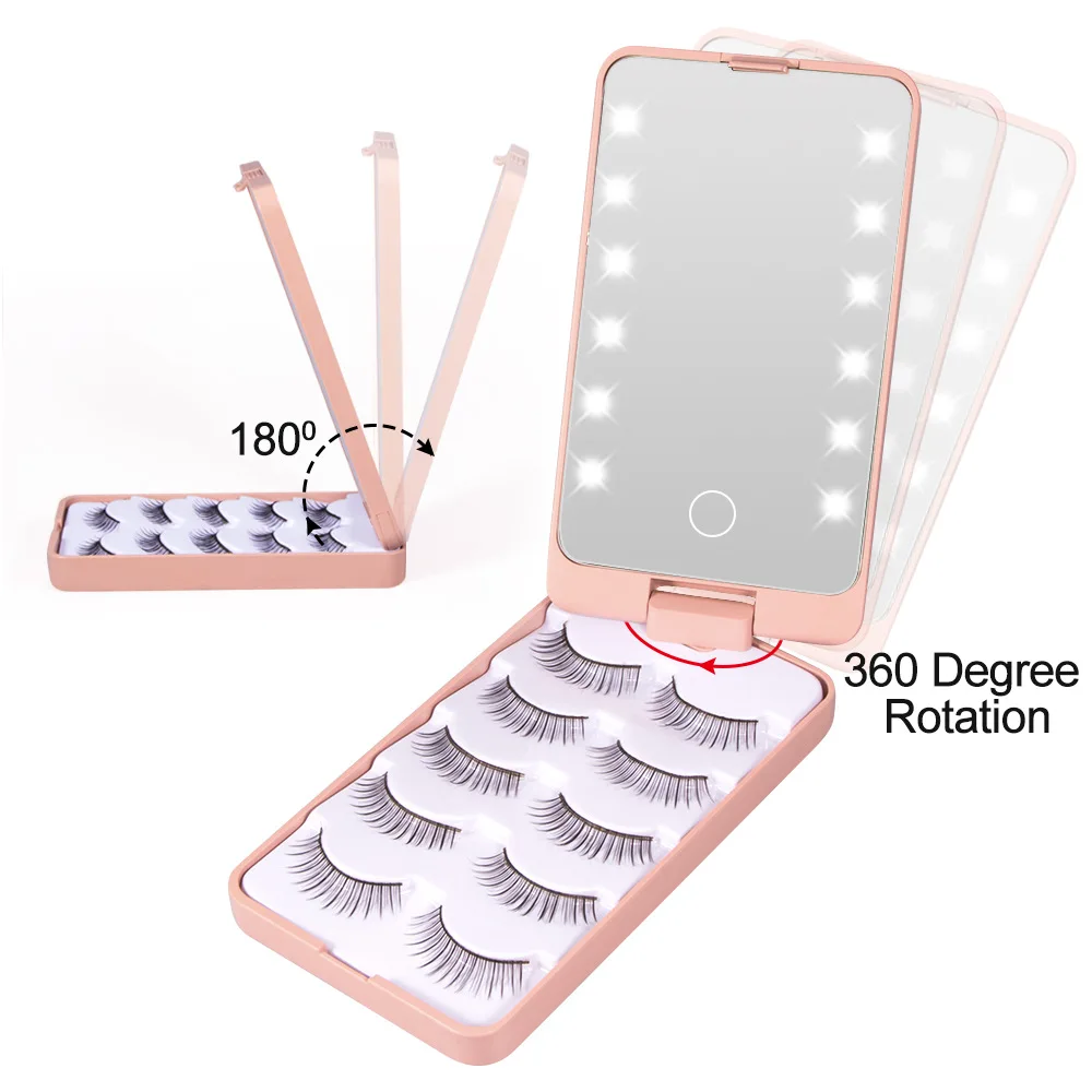 LED Light Lash Mirror Travel Makeup Mirrors Dimmable Rechargeable Eyelash Holder Case Portable Folding 5 Layer Storag Box