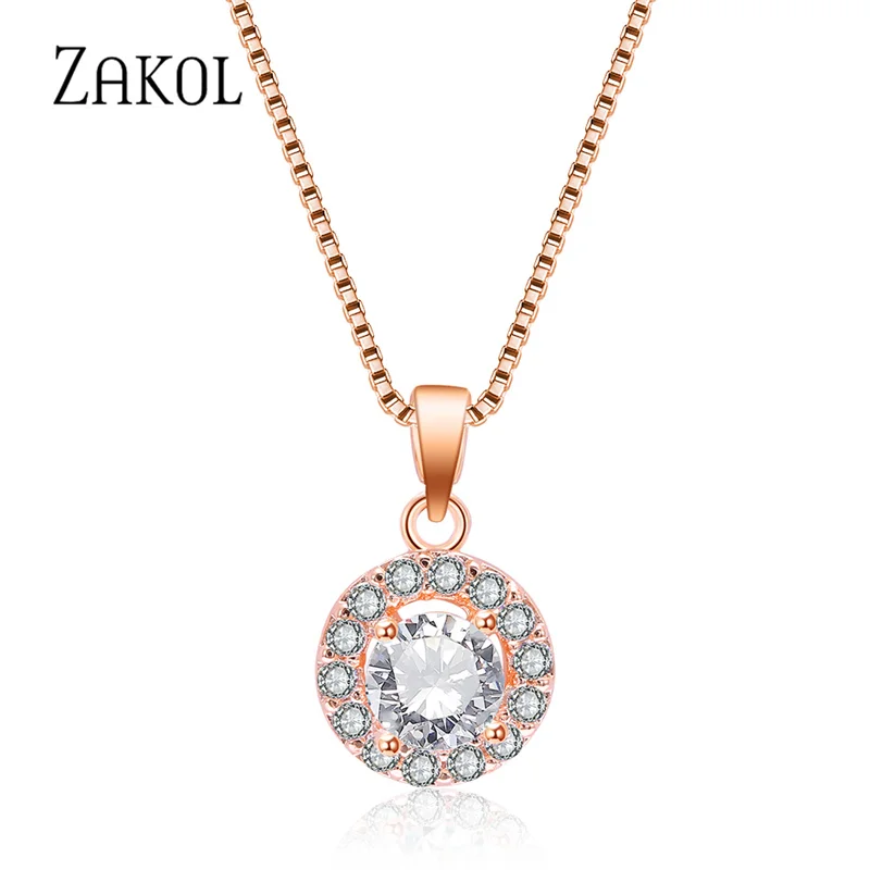 ZAKOL Simple Round Cubic Zirconia Pendant Necklace for Women Fashion Crystal Necklaces Wedding Jewelry