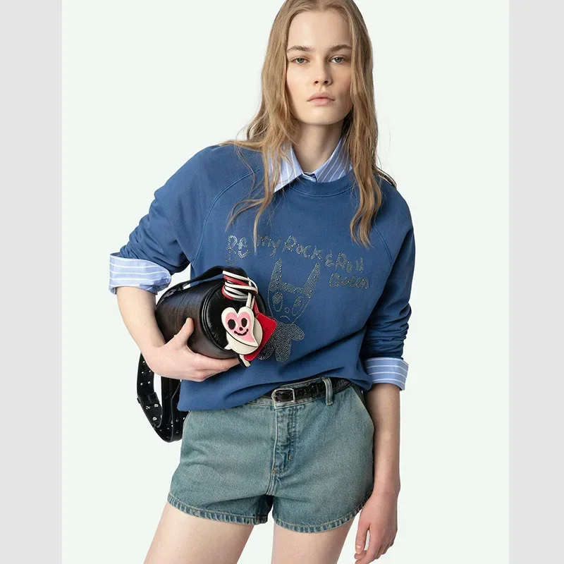 25 início do outono novo nicho francês pequeno diabo carta quente diamante clássico manga áspera azul camisola feminina