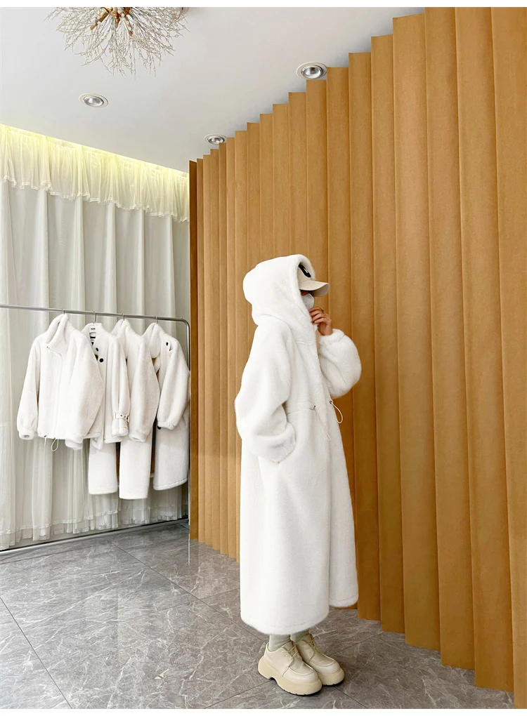Lautaro Winter Long Oversized Warm Thick Blue White Fluffy Faux Fur Coat Women with Hood 2022 Loose Casual Korean Style Fashion