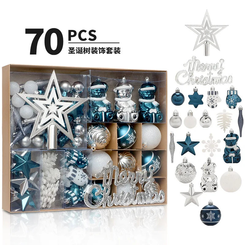 New Christmas Decorations Blue and White Painted Silver Ball Set with Tree Top Star Ornament Home Christmas Tree Decorations