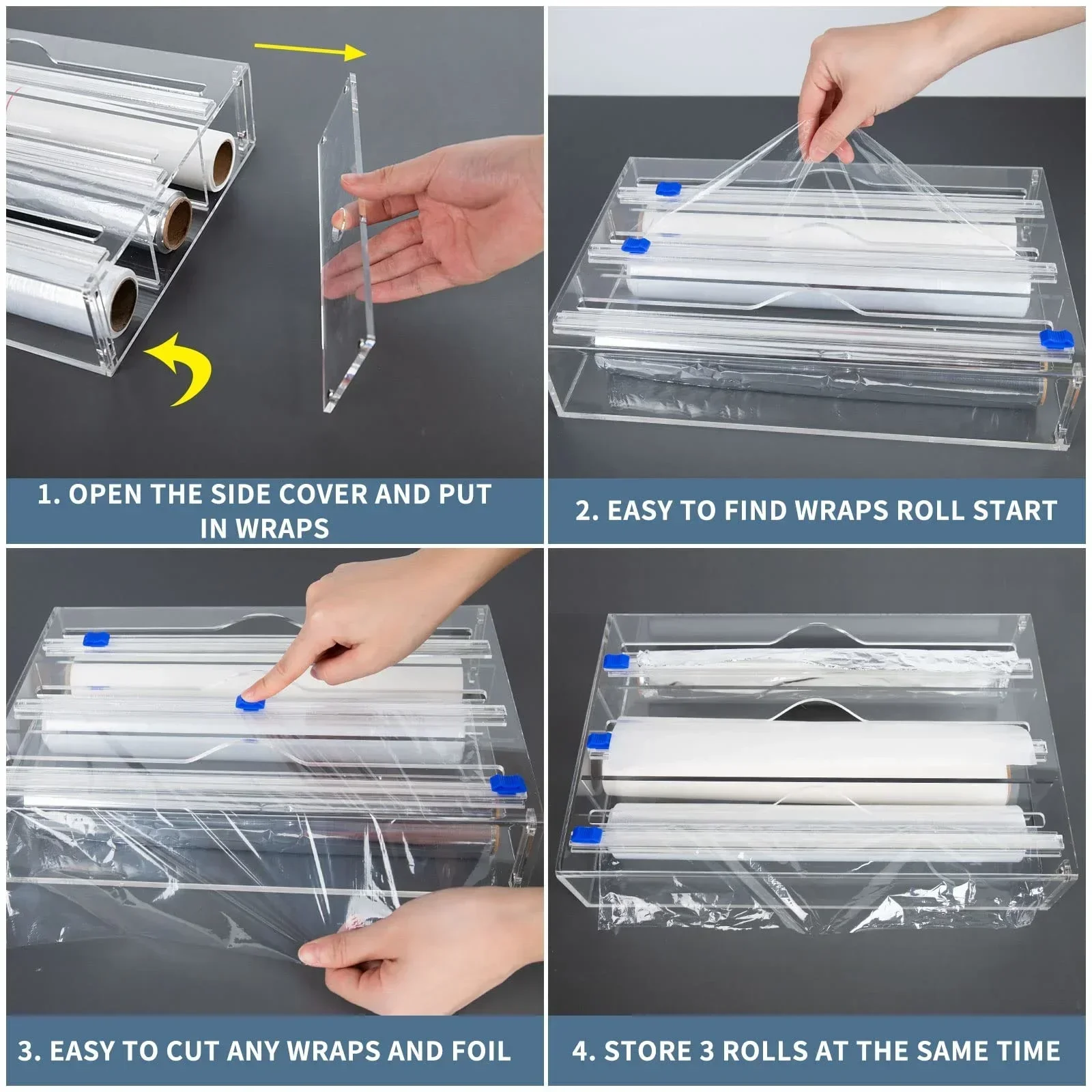 3 IN 1 Plastic Wrap Dispenser with Cutter Food Wrap Cling Film Storage Organizer Acrylic Foil Organizer for Kitchen Drawer