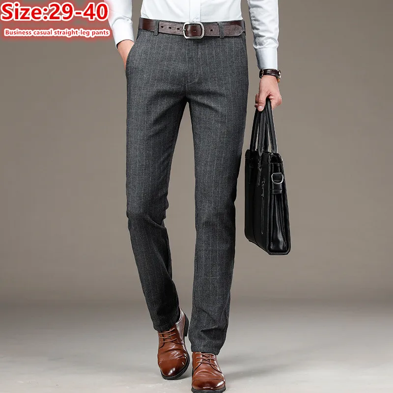 Thick Spring Autumn Dress Trousers Men Vertical Stripe Stretched Sraight Slim Fit Business Casual Formal Plus Size 38 40 Pants