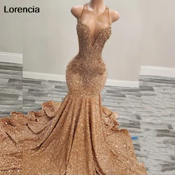 Lorencia Gold Rhinestones Sequin Prom Dress 2024 For Blackgirls Crystal Beaded Long Special Occasion Party Gala Gown YPD117