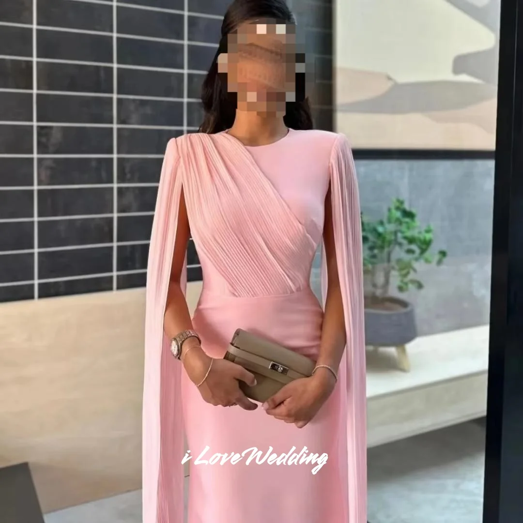 Pink O-Neck Evening Dresses Shawl Sleeveless Mermaid Prom Dresses Trailing Floor-Length Sleeveless Wedding Party Dress Customize