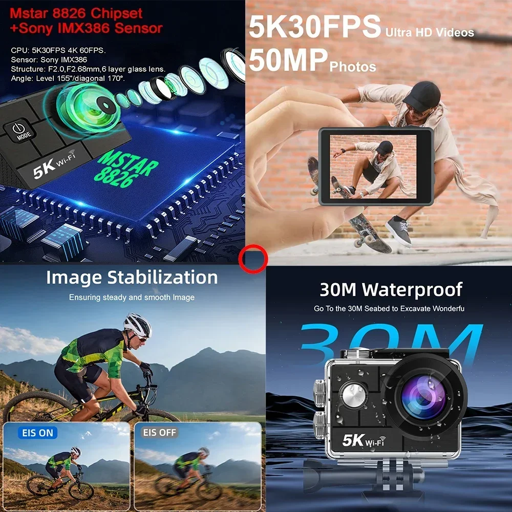 Ultra HD 5K 4K/60fps 50MP Action Camera DVR WiFi 170D Anti-Shake Underwater 30M Helmet Video Sport With Sony 386 Fisheye Lens