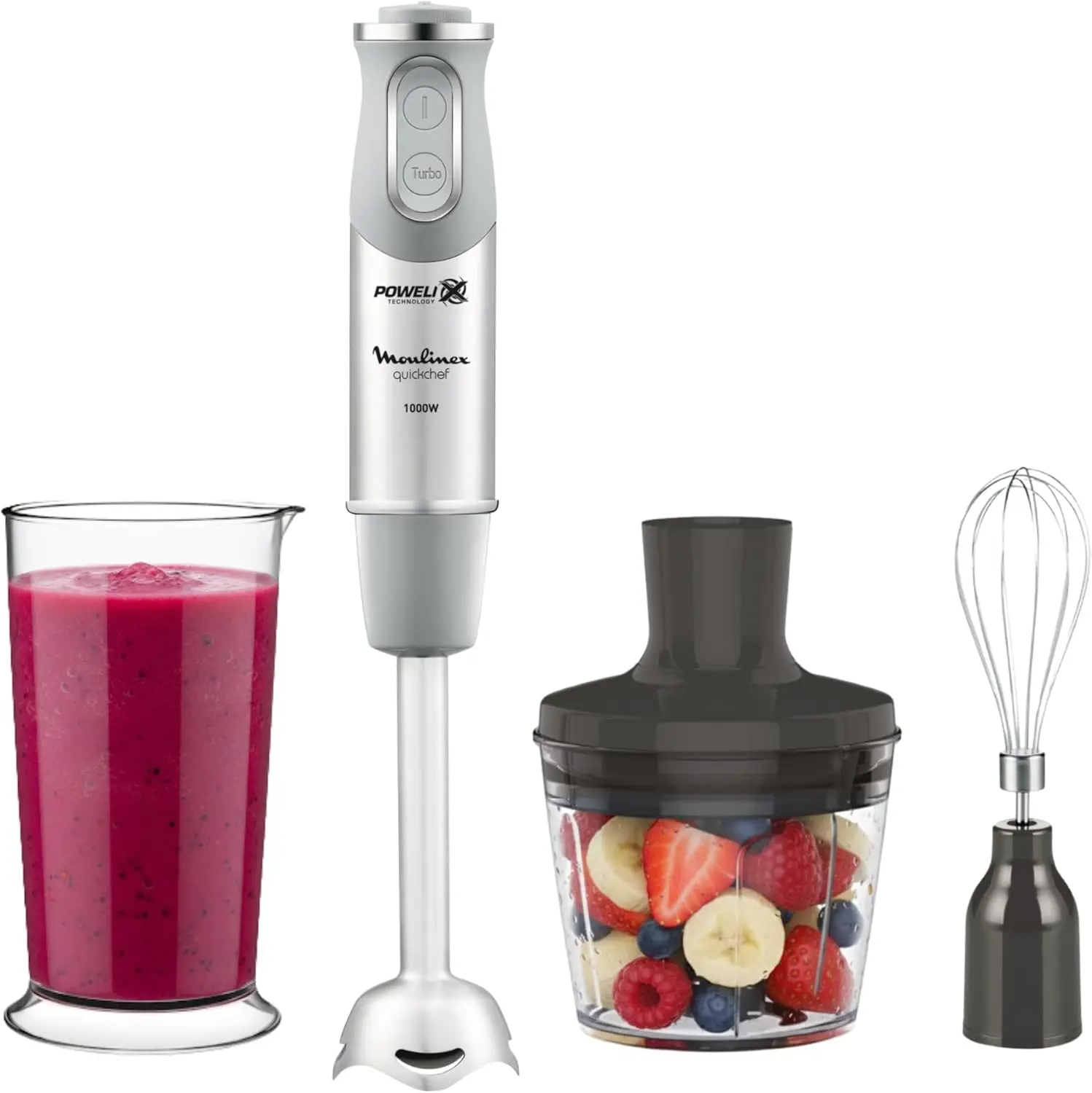 QuickChef, Batidora de Mano de 1000 W, Regulador de 10 Velocidades Turbo, 3 Accesorios para Picar y Montar y Vaso Medidor, C
