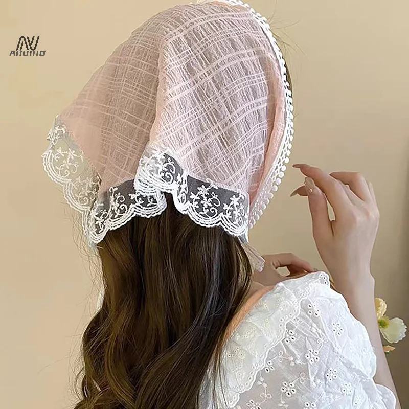 Bufanda de encaje con estampado Floral para mujer, pañuelo transparente para la cabeza, sombrero Retro, banda triangular para el cabello, accesorios de diadema para fotos de viaje