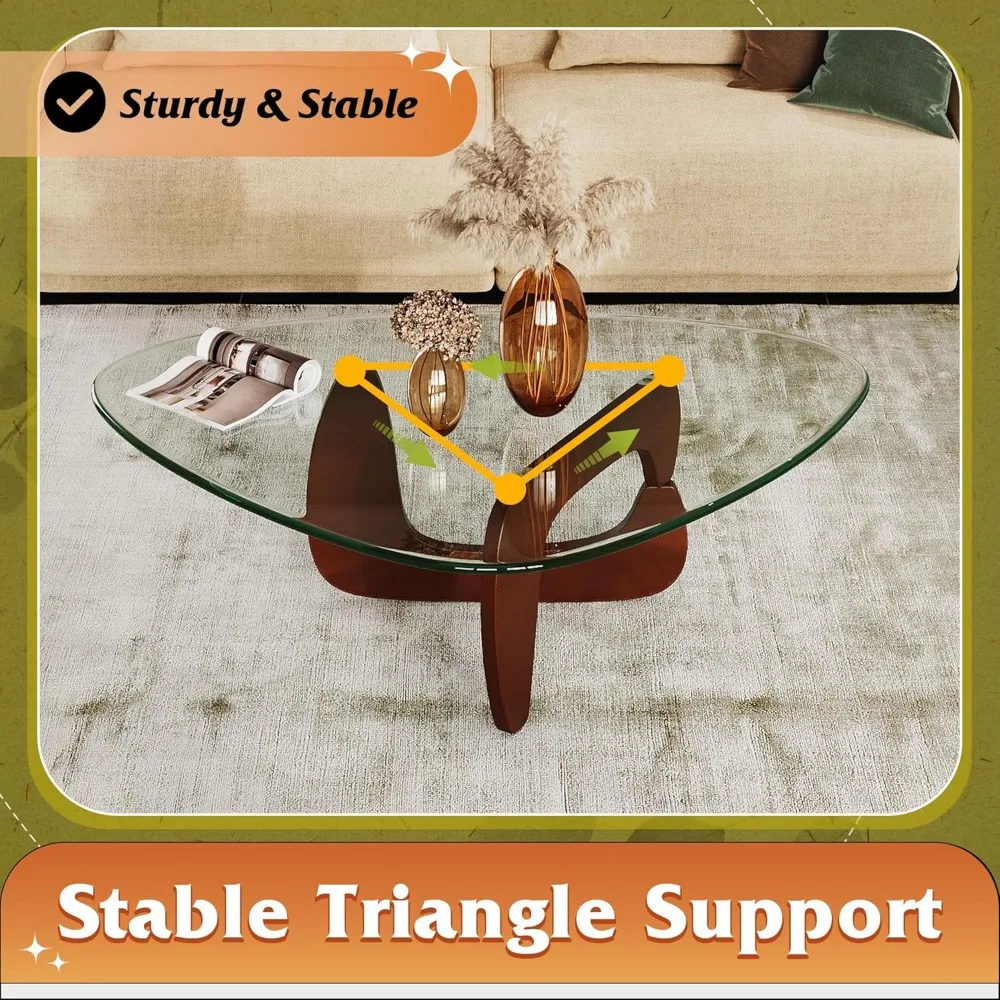 Mid Century Modern Small Glass Coffee Table with Wooden Legs, 36 Triangle Living Room Furniture, Contemporary Center Table