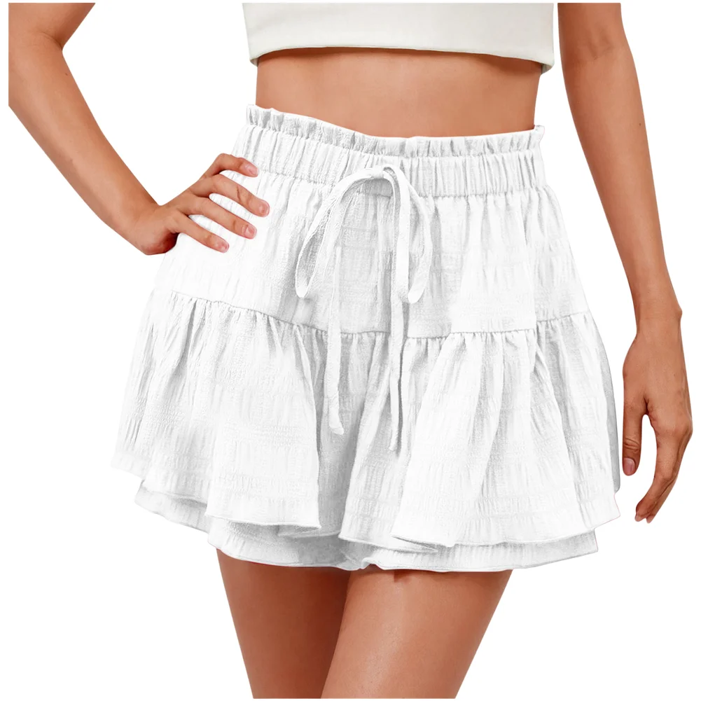 Womens Summer Ruffle Elastic Waist Casual Shorts in Polyester Solid Color Straight Cut for Everyday Commuting and Warm Weather