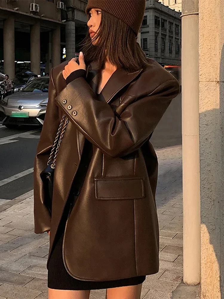

PU Leather Suit Jacket Coat Brown Woman Texture Vintage Street Trends Motorcycle Jackets Loose Casual Thickened Overcoat Top