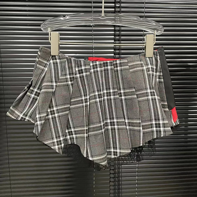 DEAT 2024 Summer New Patchwork Plaid Irregular Pleated Mini Skirt For Women Zipper Pockets Lace Design Skirts Female 29L7565