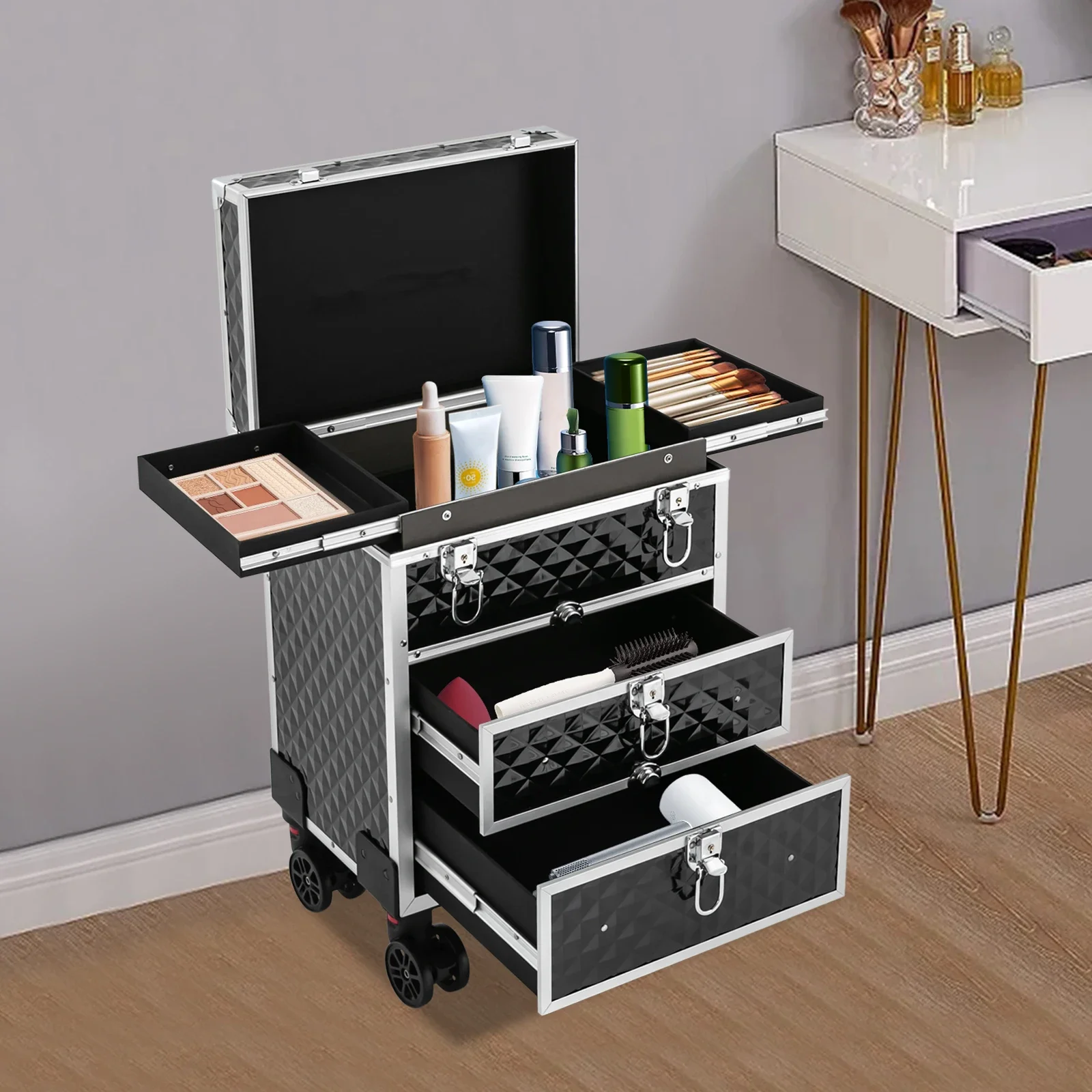 

Rolling Makeup Case with Universal Wheels, Cosmetic Organizer with Sliding Drawers & Locks, Large Cosmetic Trolley for Nail Art