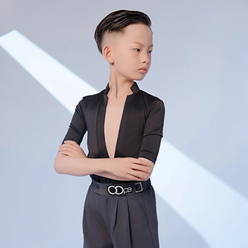 New Boy's Latin Dance Costume Kid's Tango Dance Training Suit Blacl V-Neck Tops Grey Pants Set Ballroom Dance Clothes XH408