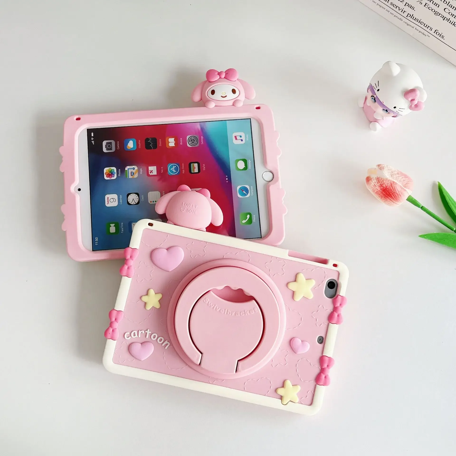 Cute Sanrio My Melody Case For iPad 7th 8th 10th Gen Mini 6 5 4 Air 4 5 6 11 Inch Pro 2024 360 Rotating Stand Silicone Cover