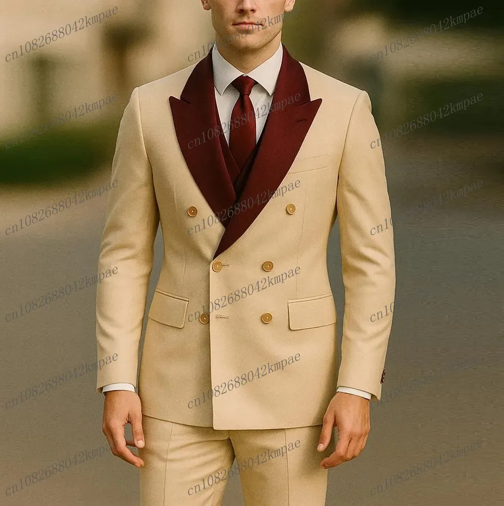 

Шампанское и темно-красный формальный мужской костюм для жениха, жениха, свадебной вечеринки, выпускного вечера, деловые мужские смокинги, комплект из 3 предметов, пиджак, жилет, брюки