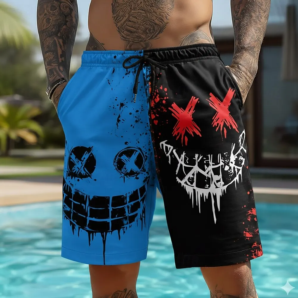 Men's Cartoon Smile Face Shorts Mid Waist Vintage Drawstring Waist Side Pockets Daily Wear for Spring & Summer