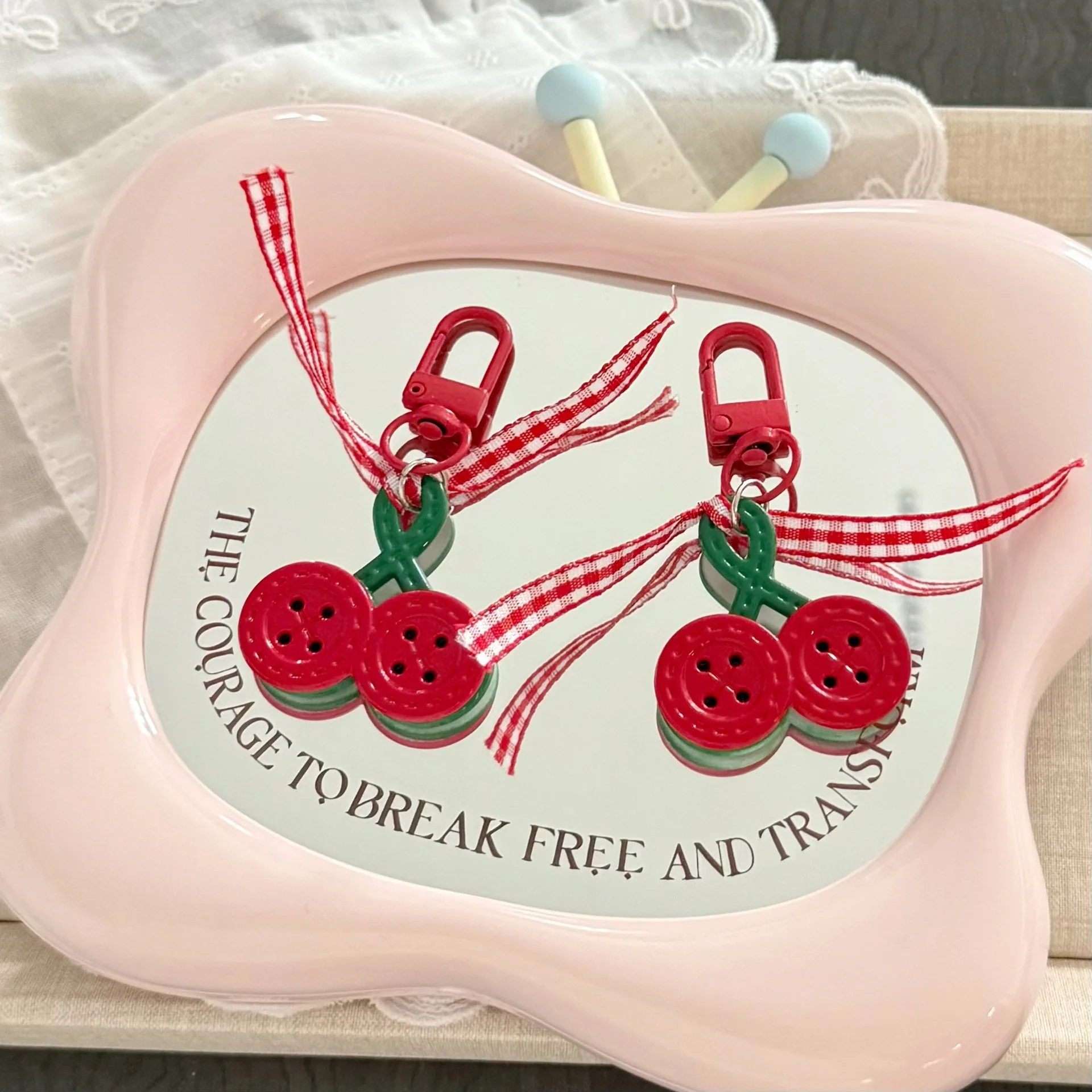 Keychain Red Cherry Ribbon Bow Charm Sweet Girly Backpack Best Friend Accessory Lightweight Metal Resin Portable Durable