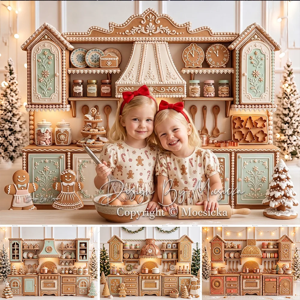 Mocsicka Backdrop Photography Christmas Gingerbread Bakery Kitchen Cabinet Cookie Background Sweet Girl Birthday Studio Photo