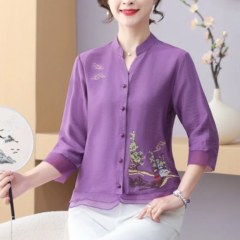 女性用Vネックフラワー刺繍セーター、シフォンTシャツ、ボタンカーディガン、ハーフスリーブ、カジュアルファッション、エレガントなトップス、春、夏