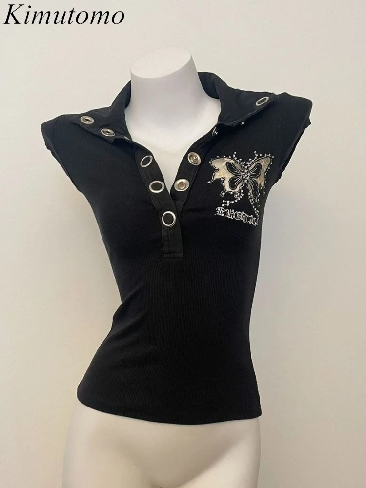 

Kimutomo Vintage T Shirts Women V Neck Butterfly Printed Lace Patchwork Backless Y2k Aesthetic Button Grunge Harajuku Tops