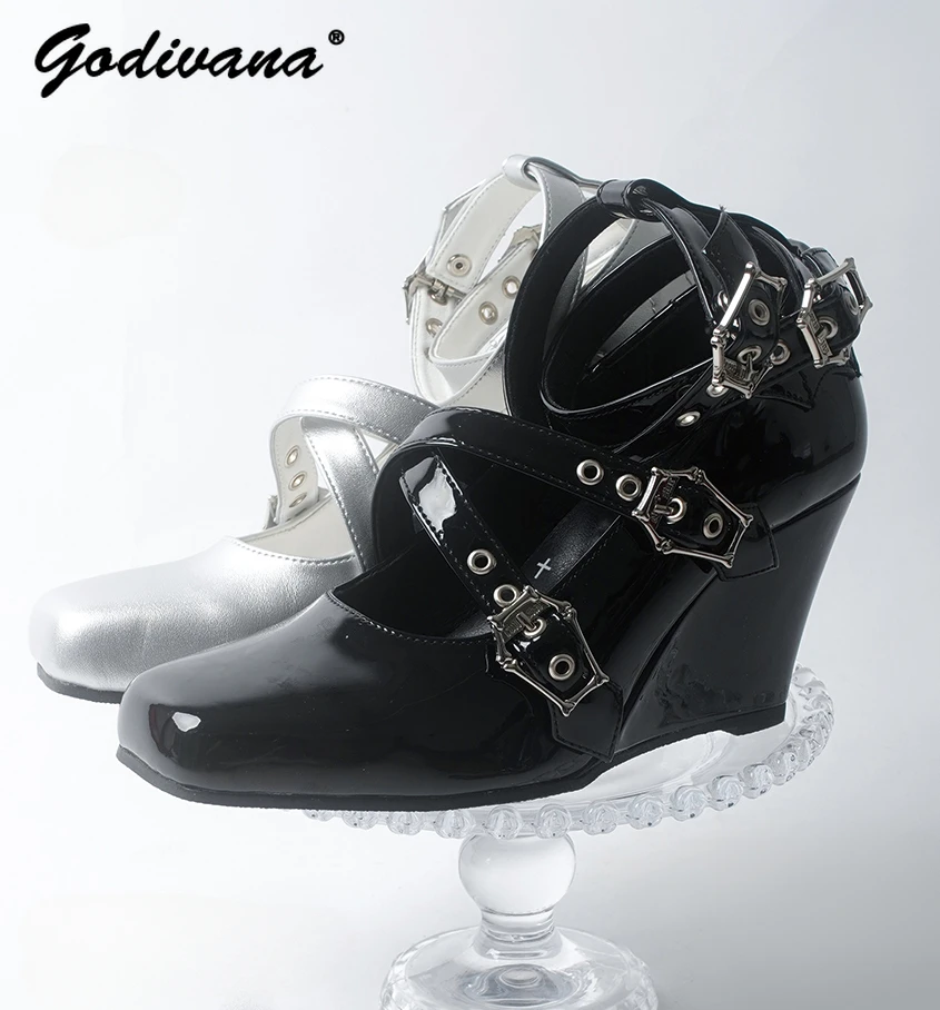 

Original Design Wedge Silver Mary Janes Lolita Ladies Elegant Dark Patent Leather High Heel Square Head Women's High Heels