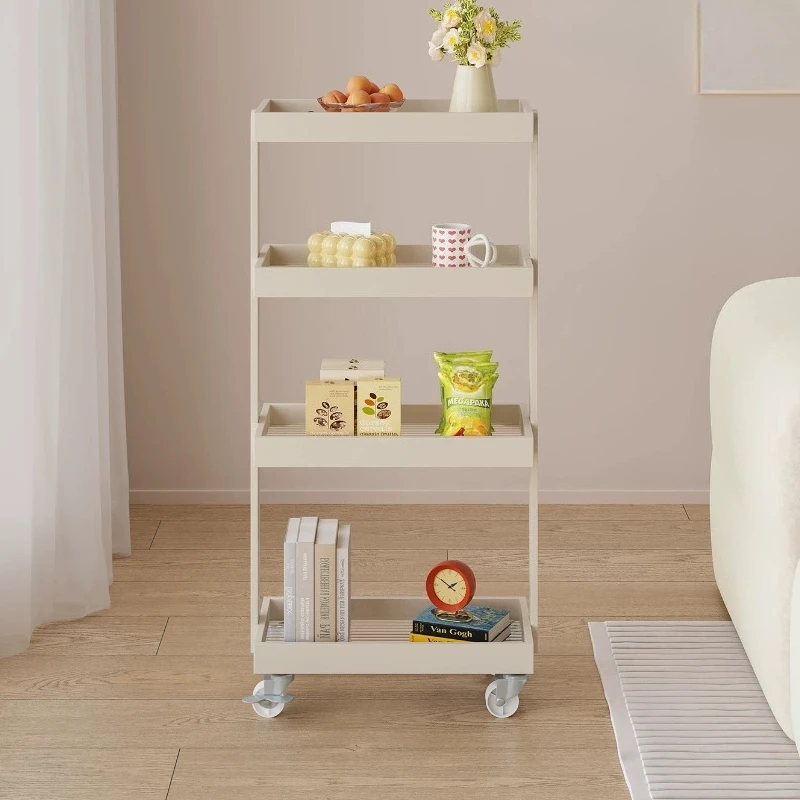 Cream Color 4 Layer Sliding Utility Rack One Piece Forming 360° Universal Wheels Moveable Book Shelving Sideboard Organizer
