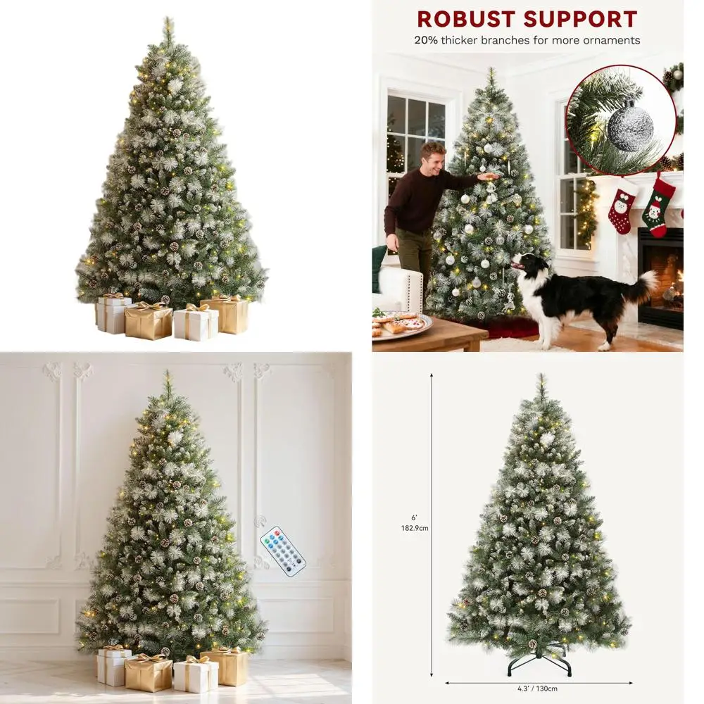 

6ft Pre-Lit Christmas Tree with 250 LEDs, 56 Pine Cones, White Needles, and 946 Hinged Branch Tips, Remote Control Included