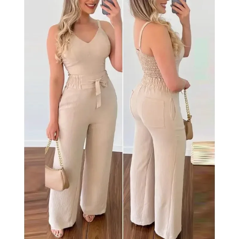 Summer Woman Long Jumpsuits Elegant Sexy V-Neck Shirred Cami Top & High Waist Pants Set New Fashion Casual One Pieces