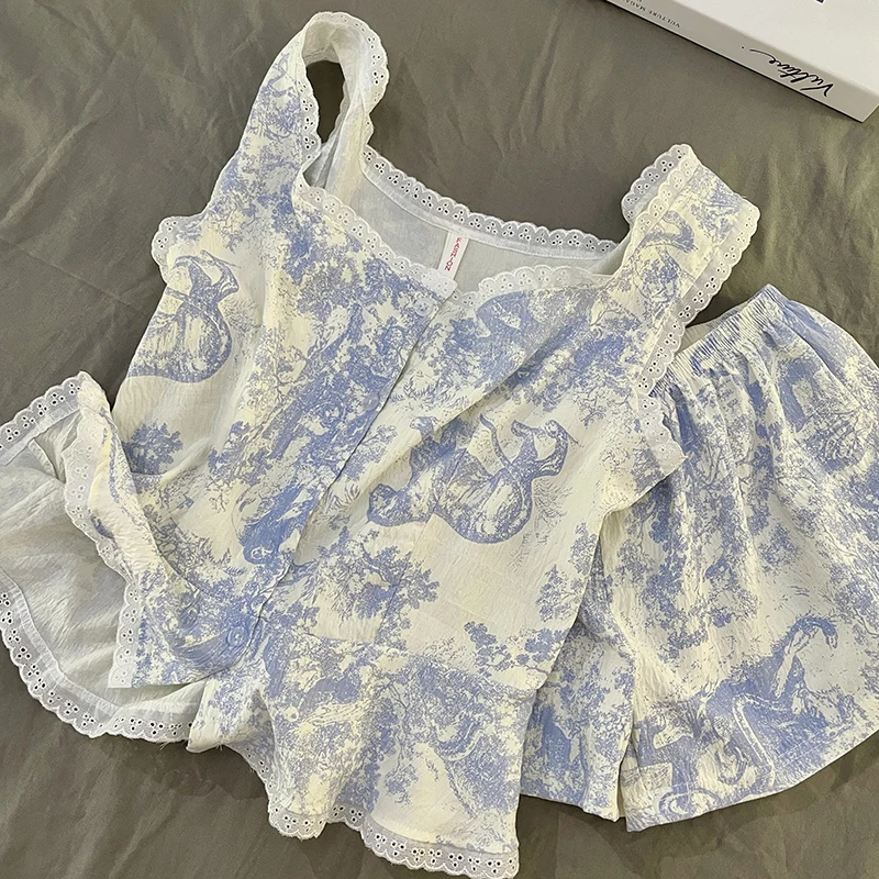 夏用ノースリーブ女性用寝間着セット ホームウェア 小さなレーストリムトップとショートパンツのセット 軽量クラウドコットンナイトガウン 1