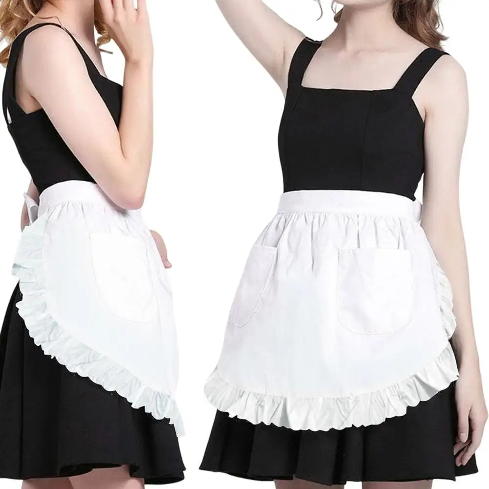 Women Maid Costume Apron White Waist Apron with Ruffles And Pockets Kitchen Apron Cooking Baking Grilling Maid Costume Aprons