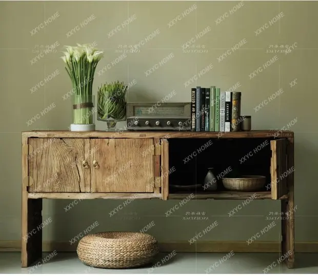 Retro modern new Chinese old door panel log furniture simple solid wood decorative cabinet customization