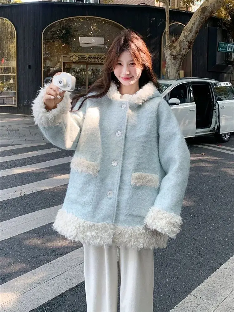 

Japan Blue Hooded Woolen Coat, Quilted And Thickened, New Style Woolen Coat For Autumn And Winter