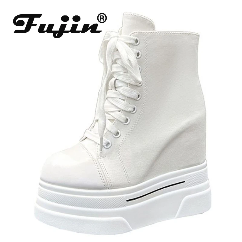 Fujin 14cm 2024 Denim Women Ankle Boots Platform Wedge Autumn Fashion Zip Super Hight Heel Women Fashion Lace Up Spring Shoes