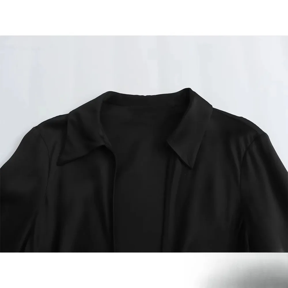 KONDALA Sexy Black Satin Bow Tie Shirts Women Long Sleeve V Neck Slim Blouses Fashion 2025 Autumn Elegant Silky Tops