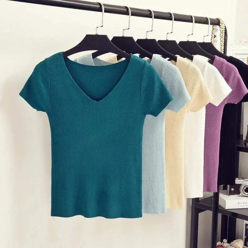 T-shirts For Women Fashion Solid Color Slim Fit Tee Summer V-neck Short Sleeve Basic Knit V Neck Ribbed Cotton Pullover Tops