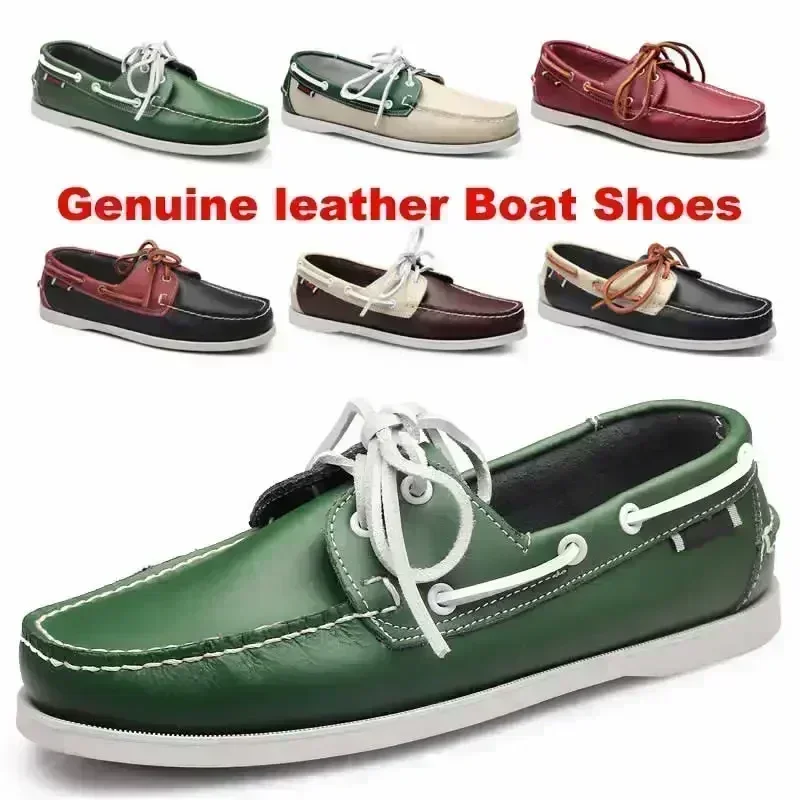 2024 Men Genuine Leather Classic Docksides Boat Shoes Mocassins Handmade Shoes Mens Casual Non-Slip Rubber Outsoles