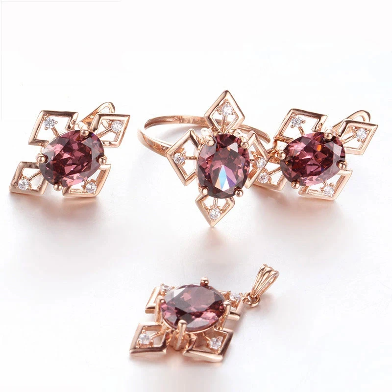 

585 purple gold plated 14K rose inlaid ruby diamond rings necklaces elegant romantic charm earrings for women jewelry