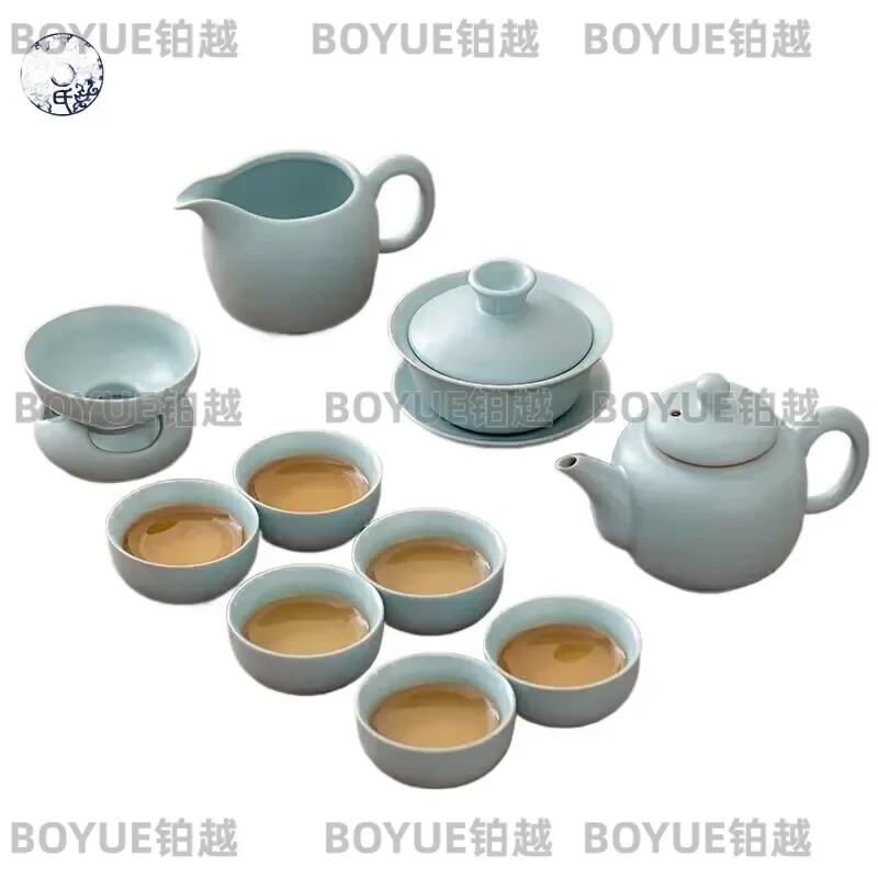 Ceramic Ru Kiln Tea Set with Three Way Bowl Kung Fu Teacup and Teapot Gift Box for Traditional Chinese Tea Ceremony Home