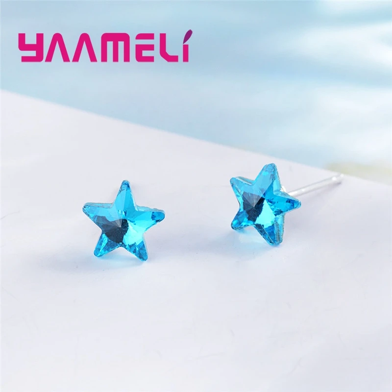 Amazing New Blue Star Pendant Cubic Zirconia Jewelry Stud Earrings For Women Girls Fashion 925 Sterling Silver Stud Earrings