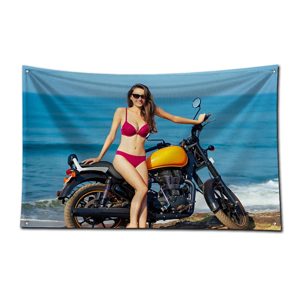 3x5 Ft Sexy Lady Banner Flag Motorcycle Works Repair Authorized Dealer Poster Wall Art Decor Advertisement Vintage Sign Pub Club