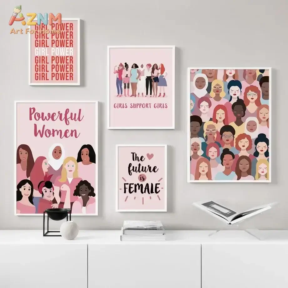 AZNM Girl Power Feminist Canvas Wall Art Diverse Women Illustration Inspirational Pink Quote Bedroom Unframed Canvas Decor Poste