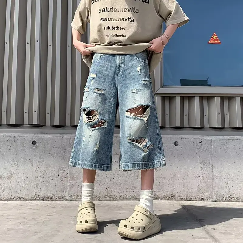 Shorts Jeans Americanos Retrô Rasgados com Perna Larga Solta e Comprimento 7/8, Calças Casuais de Cintura Média para Homens e...