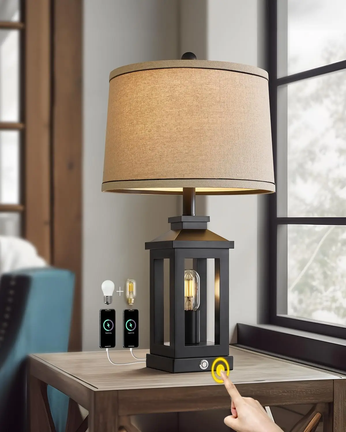 

23.75" Retro Black Table Lamp with Touch Control, USB C+A Ports, and Dual Light Sources for Living Room Bedroom